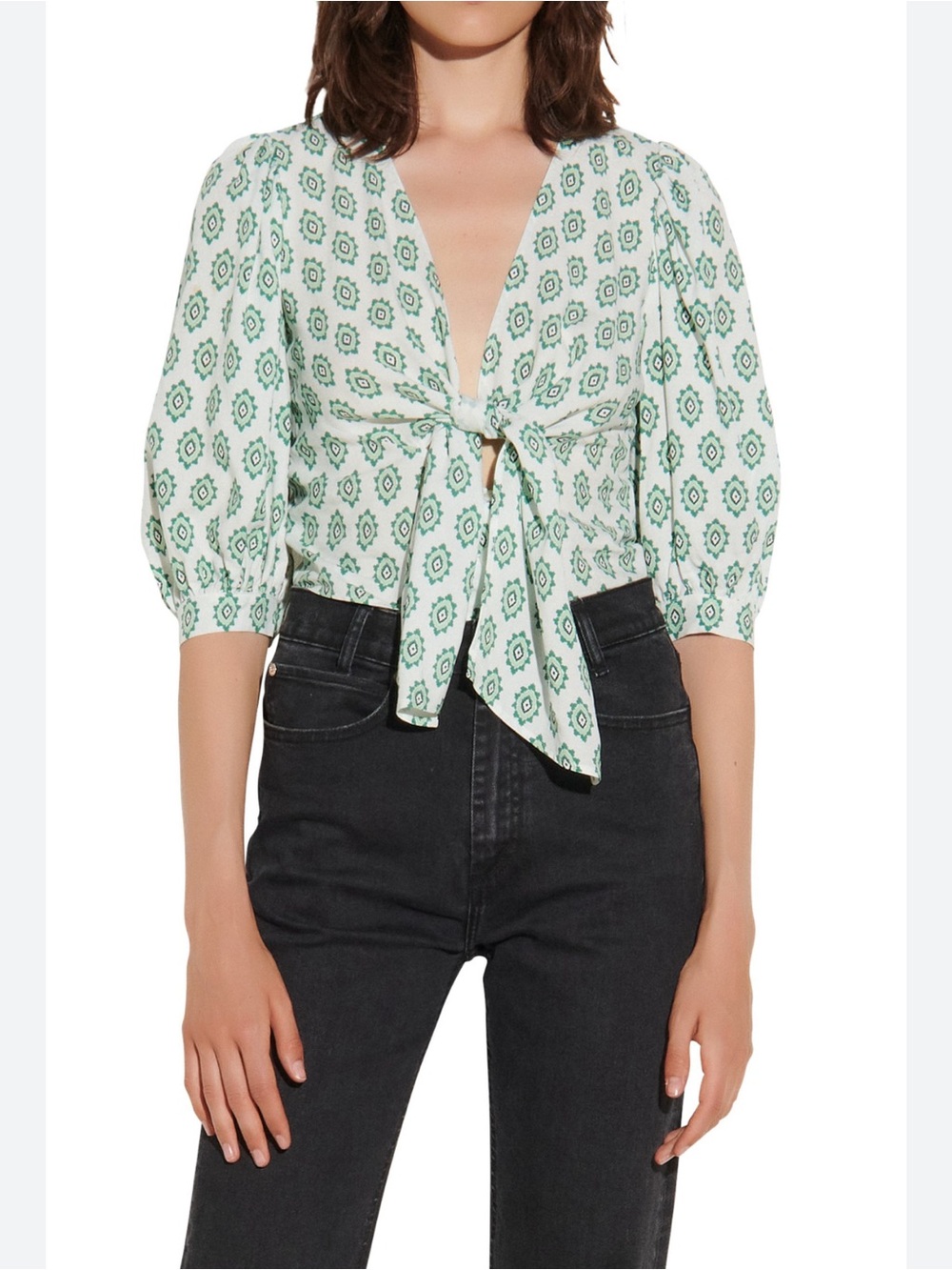SANDRO Tie-Front Green Print Women's Top